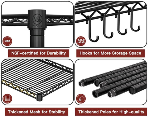 72 Inch Wide Wire Shelving Rack, Heavy Duty 1750 Lbs Capacity, 16 Inch Deep, 76 Inch High, L Shaped Storage Shelves For Garage, Warehouse, Pantry, Basement Organization, black wire rack details