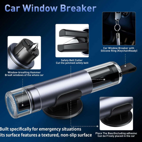 Front view of SkinnyOn 3-pack car safety hammers with seatbelt cutter and window breaker; metal emergency tool with keychain.