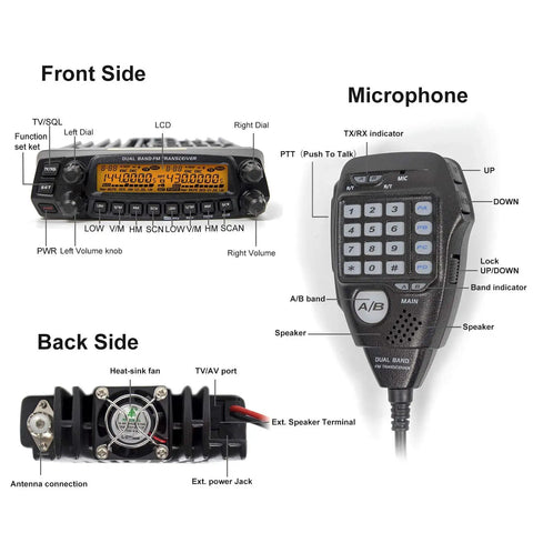 Front and back view of Dual Band Mobile Transceiver for Vehicles VHF 144 148 MHz and UHF 420 450 MHz With 50W VHF and 40W UHF Cross Band Repeat 758 Memory Channels Independent Volume and Squelch AT5888UV Compatible
