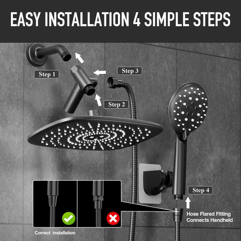 Easy installation guide for Top Tier 10 Inch Rain Shower Head With Slick Handheld Duo showing four steps and correct fittings.