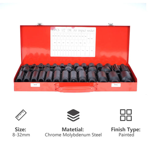 35-Piece 1/2 Inch Drive Deep Impact Socket Set With 6-Point Sockets, Heavy Duty Spindle And Axle Nut Kit, open red case