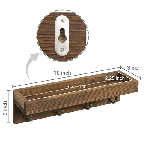 Super Sleek 10 Inch Brown Wood Wall Mount Floating Shelf With Four Antique Metal Key Hooks showing dimensions and hook details.