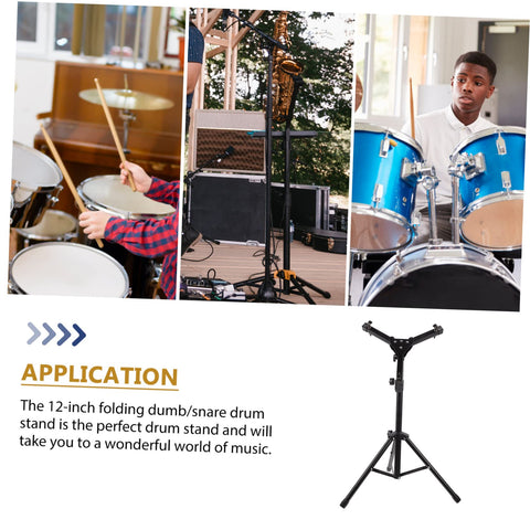 Slick Black Tripod Drum Stand With Heavy Duty Snare Rack And Practice Pad Holder Featuring Adjustable Heights; compact and portable for bedroom jamming.