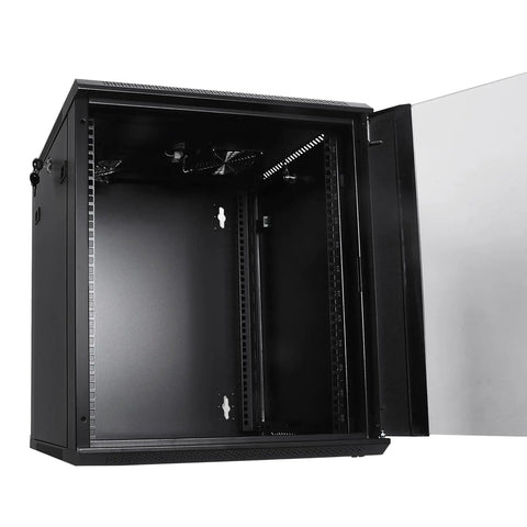 Rock Solid 12U Wall Mount Network Rack Cabinet Featuring Locking Tempered Glass Door, open view revealing interior fans.