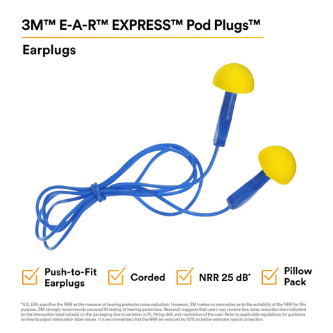 3M E-A-R Express Pod Plugs Ear Plugs Corded Push To Fit With Blue Grips And Pillow Pack for clean hygienic isolation