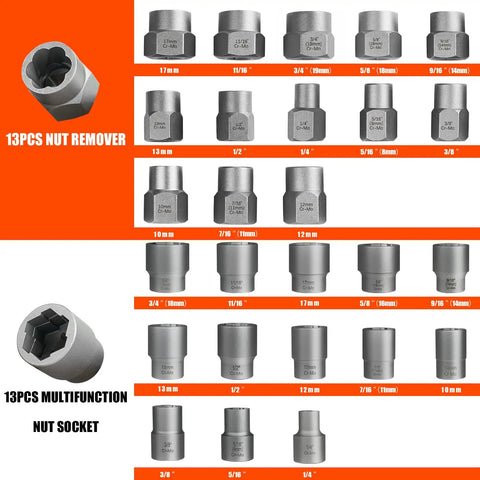 Variety of nut removers and sockets from 62 Piece Screw Extractor Set With Left Hand Drill Bits For Broken Nuts And Stripped Bolts