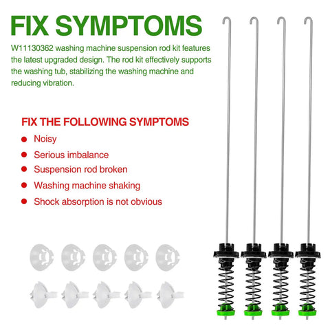 Washer Suspension Rod Kit W11130362 With Upgraded Design And Heavy Duty High Strength Springs For Stable Performance Fits Whirlpool Maytag Kenmore Front Load And Top Load Washers, four rods