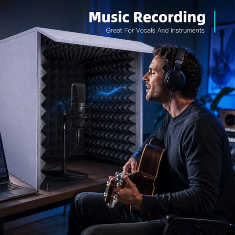 Portable Soundproof Box Vocal Recording Booth With Heavy Duty Acoustic Foam For Crisp Singing And Podcasting, 700mm size, man singing with guitar.