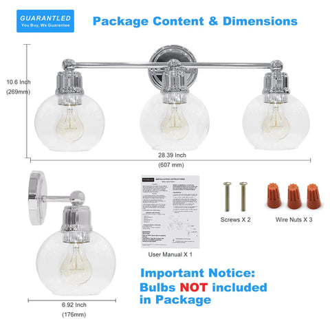 Three Light Chrome Vanity Light Fixture For Bathroom Powder Room Wall Sconce With Globe Glass Shades Modern Farmhouse Style Fits Single Or Double Vanities E26 Base Bulbs Not Included dimensions and accessories included in package