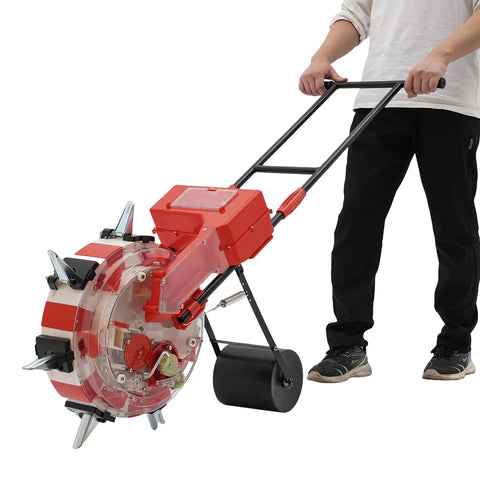 Hand Push Garden Seeder Roller Seeding Tool With 7 Nozzles, Pro Grade High Precision Seed Spreader, Walk Behind, Red Design
