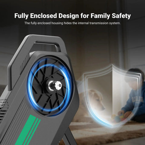 Close-up of Direct Drive Indoor Bike Trainer With Bluetooth And ANT Plus Smart Resistance showing safety features and design.