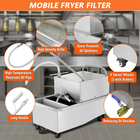 Heavy Duty 55 Gal Commercial Deep Fryer Filter Machine With Stainless Steel Mobile Cart For Restaurants And Supermarkets, features highlighted.