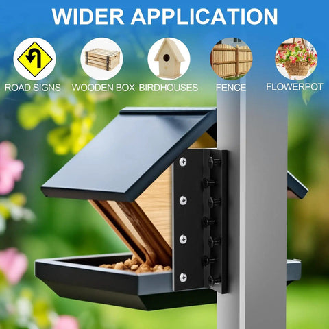 6 Pack T Post Mounting Brackets for Target Hangers and Fence Mounts, black bracket holding birdhouse on a pole