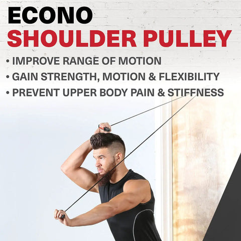Top Shelf Over The Door Shoulder Pulley For Physical Therapy And Home Gym Sessions, man using shoulder pulley for exercise.