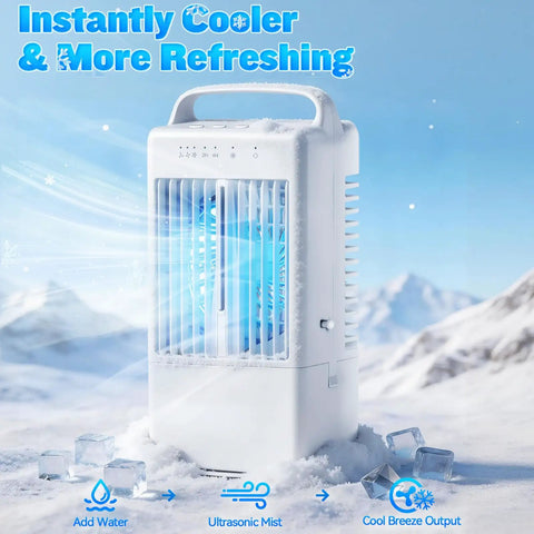 Portable Evaporative Cooler With 900ml Tank, Mini Air Conditioner Fan in snow with mist effect, ice cubes and snowy backdrop