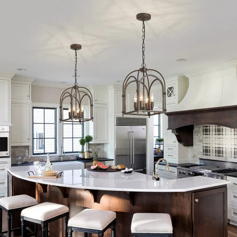 Dope Vintage Lantern Pendant Light Black Metal Cage Farmhouse Chandelier over modern kitchen island with seating