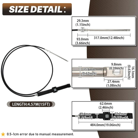 15 Foot Mechanical Rack And Pinion Steering Cable For Back Mount Boats, Heavy Duty, with detailed size specifications shown