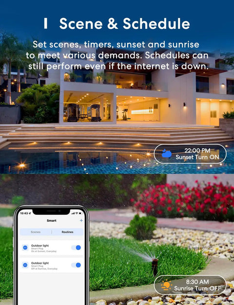 Outdoor Smart Plug With Dual Grounded Outlets, Weatherproof WiFi Outlet for Alexa Google Assistant, remote control scheduling app shown