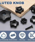 Black 2 Pack Star Clamping Knobs Featuring Fluted Grips 3 8 24 Unf Threads Made From Solid Plastic And Reinforced Iron Insert, assorted sizes.