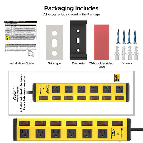 Packaging of Heavy Duty Metal Power Strip With Six Individually Controlled Switches And 1.77 Inch Wide Outlet Spacing