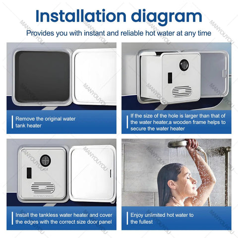 Installation diagram for Propane Tankless Water Heater For Camper Van And RV Road Warrior Ready No Chill Hot Showers Portable 55000 Btu.