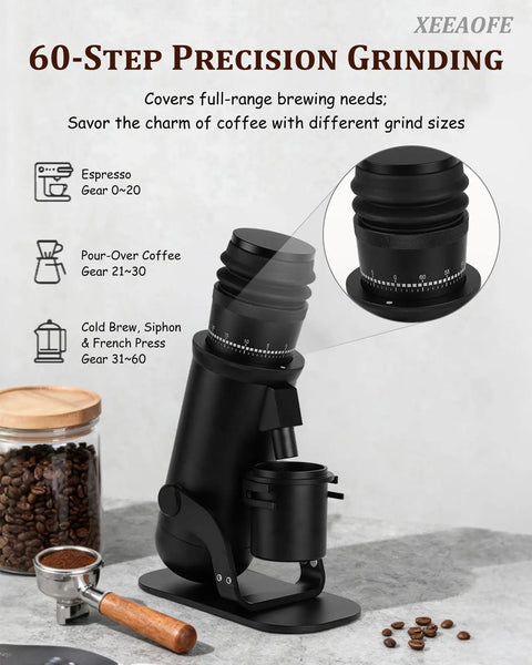 Next Level Heavy Duty Aluminum Conical Burr Coffee Grinder With Sixty Exact Settings from Smooth Espresso to Hearty French Press.