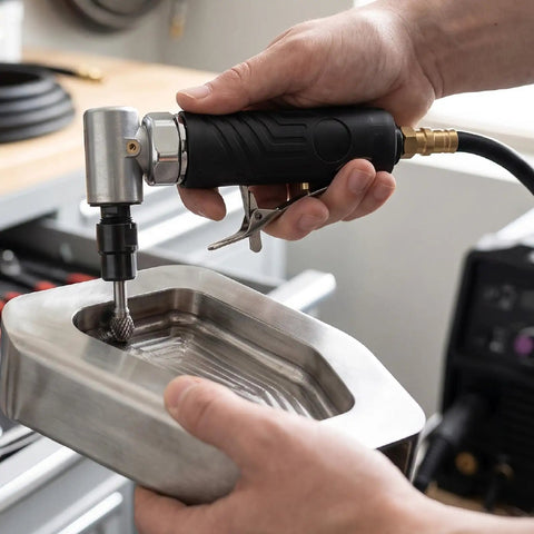Heavy Duty Pneumatic Air Angle Die Grinder 12000 RPM in use on a metal surface for mold trimming and auto repair.