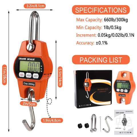Heavy Duty Digital Crane Scale 660 Pound Capacity With Slick Backlit Lcd Screen showing dimensions and specifications.