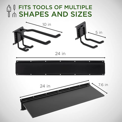 Garage Tool Storage Rack 12 Piece With Wall Shelf And Heavy Duty Hanger System dimensions and components image