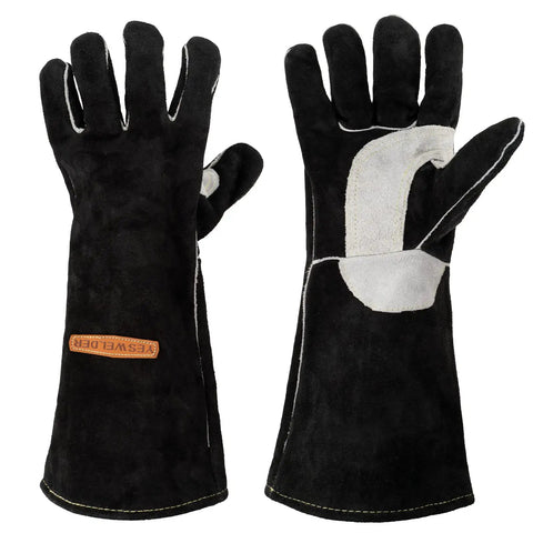 Front view of black Leather Forge Welding Gloves With Maximum Dexterity And Heat Resistance For MIG And TIG Pro Grade Gripping