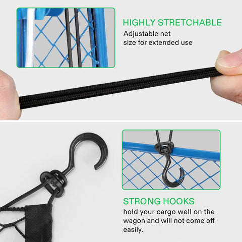 Heavy Duty Nylon Cargo Net For Garden And Folding Wagons Measures 36 By 30 Inches showing adjustable black elastic mesh with strong hooks.