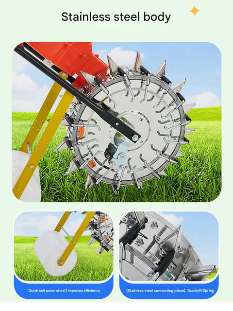 Walk Behind Garden Seeder With 12 Seeding Nozzles For Precision Row Planting showing stainless steel body and wheels