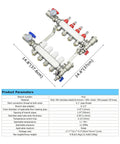 Radiant Floor Heating Manifold Kit With Four Loops Half Inch PEX Tubing Stainless Steel Demagnetized 304 Body Hydronic System With Flow Meters Easy Install Underfloor Heating Setup, dimensions shown in diagram