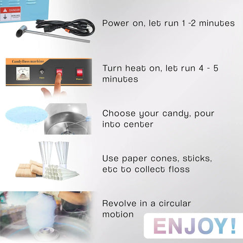 Blue Electric Cotton Candy Maker Machine With 1030W Motor Rapidly Spins Sugar Floss In Twenty Inch Stainless Steel Bowl setup instructions.