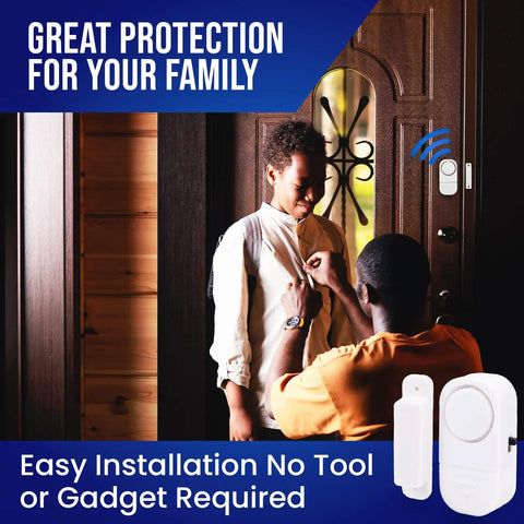 Parent and child by door with Piercing Alarm Home Security System 4 Pack Magnetic Sensor Easy To Install No Wires No Tools Required