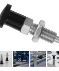 Pair Of M6 Stainless Steel Indexing Plungers With Four Millimeter Pins For Dead Center Fixture Alignment And Pro Grade Spring Loaded Positioning That Keeps Things Locked Right Up - close-up view with black knob and stainless steel finish.