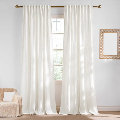 Natural Linen Curtains With Jacquard Waffle Weave for Living Room Cozy Privacy Light Filtering Boho Drapes for Farmhouse Style W52 x L84 2 Panels Ready to Hang, shown installed with soft light filtering through.