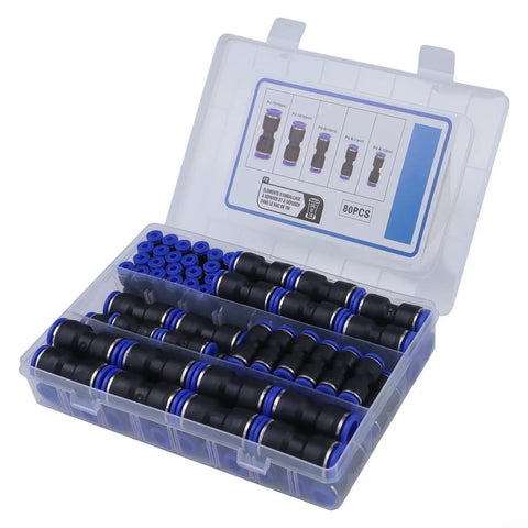 Super Fast 80 Piece Straight Push Connector Assortment For Pvc Nylon Pu Pa Pe Tubing With Release Rings Quick Install Pneumatic Hose Fitting Kit No Tools Needed High Pressure Secure Seal Works Great For 5/32 To 1/2 Inch Od Pipes And All Your DIY in plastic case