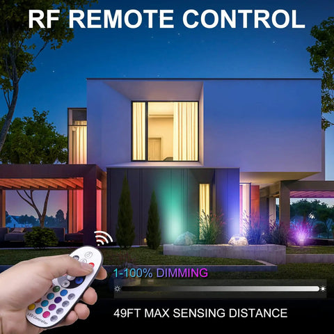 Color Changing Outdoor Spotlight Kit With Remote Control 10W RGBW LED Landscape Lights illuminating modern house facade