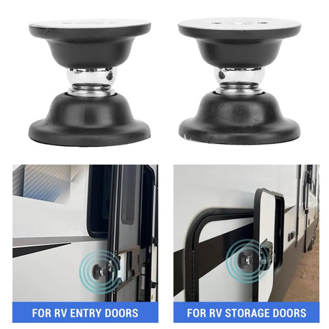 Top Rated Fabater Magnetic Door Stopper For RV Trailers showing two mounts for entry and storage doors, durable ABS and metal build.