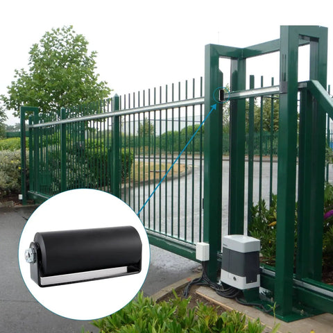 Slide Gate Guide Roller 6 Inch Nylon Roller With Beefy C Bracket for Sliding Gates installed on a metal gate