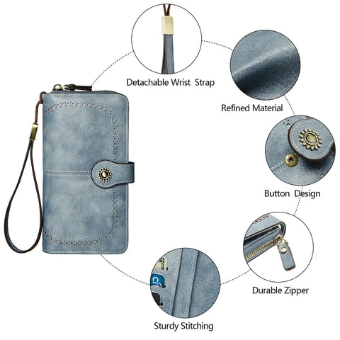 RFID Blocking Vegan Leather Wallet For Women With Large Capacity Card Holder And Phone Clutch Wristlet Purse For Travel And Daily Use With Zipper Closure Durable Soft Material And Anti Brassing Metal Fittings Blue, showing button design, detachable wrist strap, and refined material.