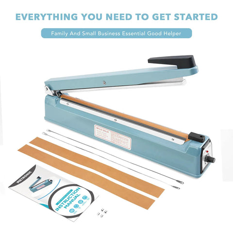 16 Inch Tabletop Manual Impulse Heat Sealer Machine For Sealing All Types Of Plastic Bags And Pouches That's Quick And Easy To Use And Gets The Job Done Fast Without Any Hassle, with instruction manual and sealing strips.