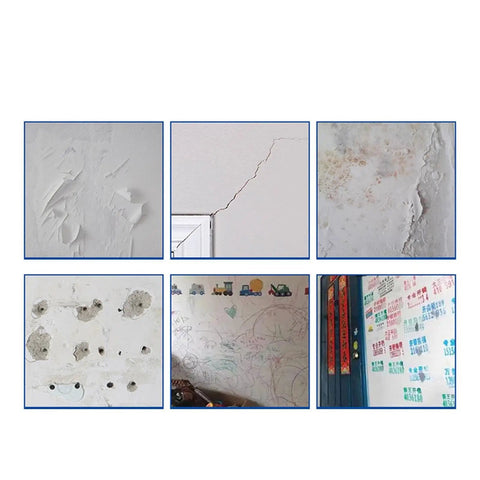Walls with cracks, peeling paint, and holes prior to using Drywall Repair Paste Wall Mending Putty With Scraper And Crack Filler Kit