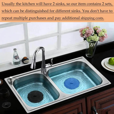 Double sink with 4 Pack Kitchen Sink Strainer Stopper Kit With Silicone Drain Plug Covers, blue and black plugs visible.