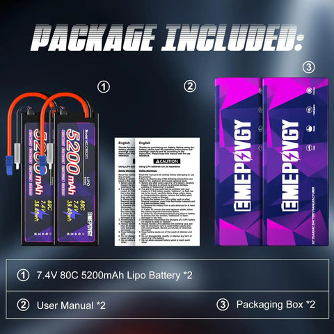 Package contents of Two Pack 7.4V 5200mAh 80C LiPo Battery 2S with hard case for RC cars and trucks and user manual.