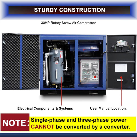 Heavy Duty 30 HP Rotary Screw Air Compressor With 123 CFM At 125 PSI, 460V 3 Phase 60 Hz fixed speed air system showing internal view