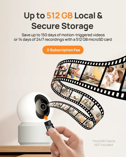 Person inserting microSD card into 4K UHD Indoor Security Camera For Pets And Baby with film reel displaying footage shots.