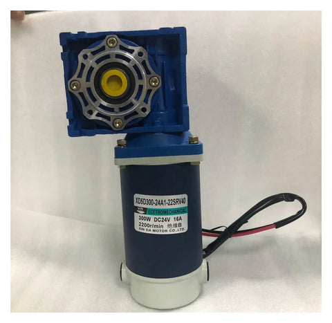Hefty Kickin 300W DC Worm Gear Motor With Self Locking Gears And Speed Adjustable Control For Butter Smooth Runs High Torque 12 Or 24 Volt Rv40 Unit Built Damn Tough For Pro Work viewed from the side showing motor and gears.