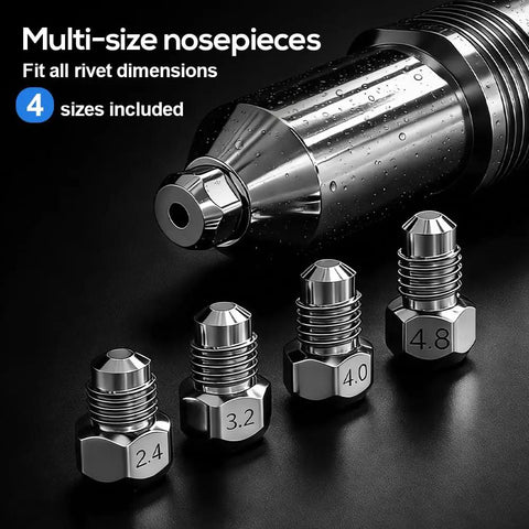 Electric Rivet Gun Adapter Kit With 4 Interchangeable Nosepieces 2.4mm 3.2mm 4.0mm 4.8mm for cordless drills close-up